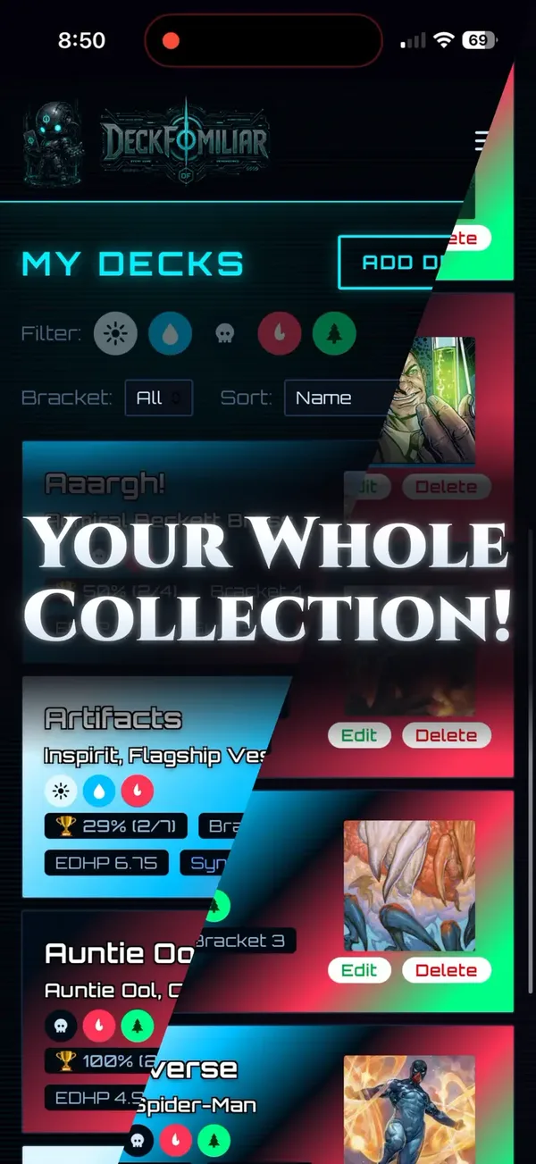 Deck Familiar My Decks screen listing decks with their colors, bracket, and win rate
