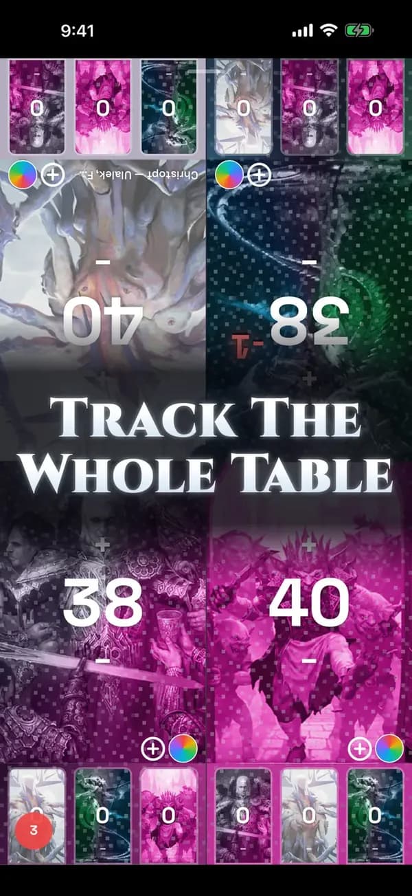Deck Familiar live tracker showing four players' life totals arranged around the table